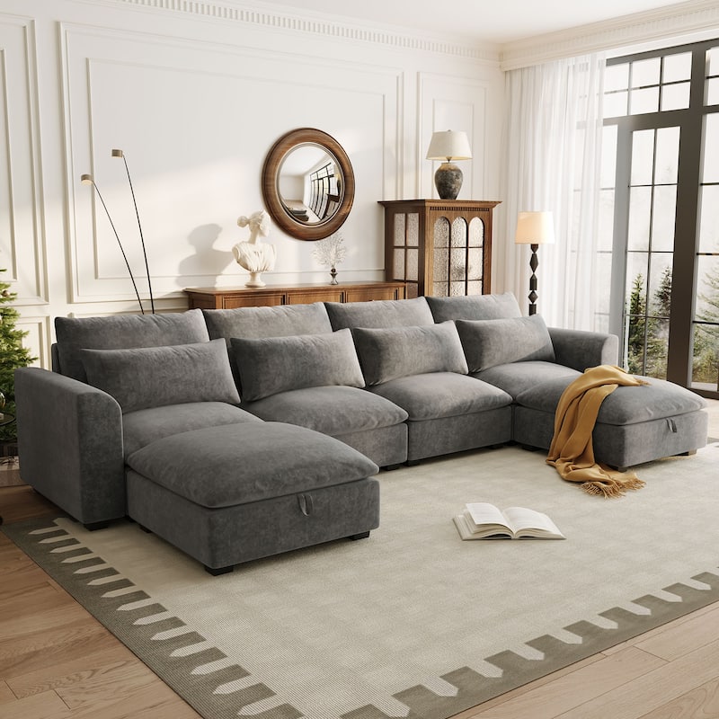 Roomfitters Large U-Shaped Modular Sectional Sofa with 2 Ottomans, Chenille Fabric L-Shaped Corner Couch for Living Room - Gray
