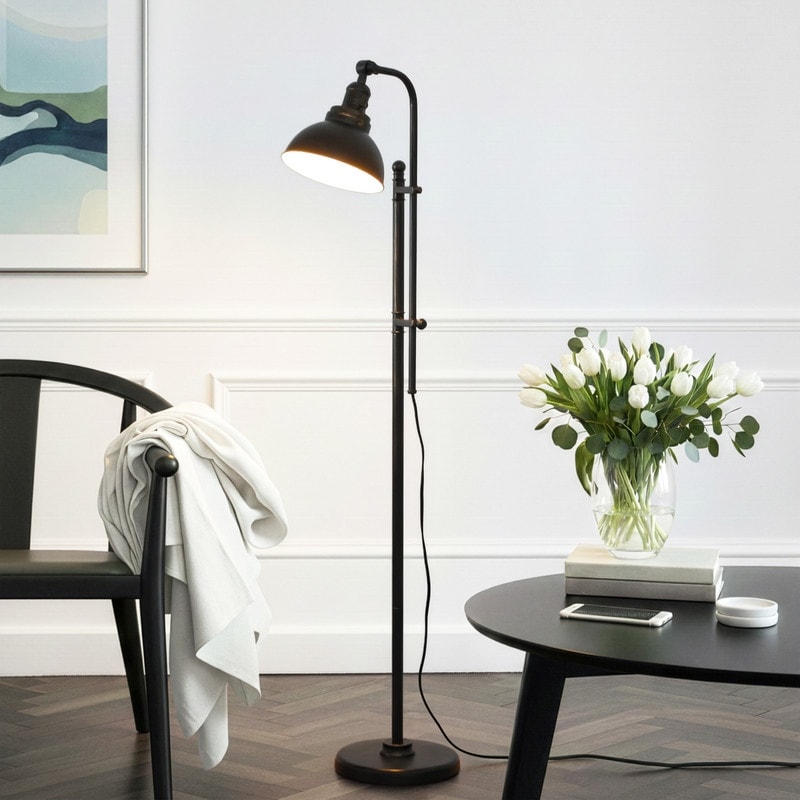 Brightech Dylan 65.5 in. Distressed Bronze Farmhouse Height Adjustable LED Floor Lamp with Bronze Metal Bowl Shade