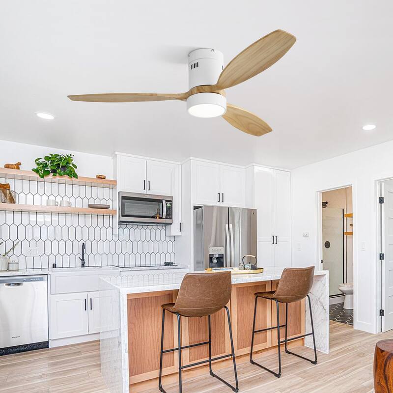 52 Inch Flush Mount Ceiling Fan DC 3 Solid Wood Fan Blade Noiseless Reversible Motor Remote Control With Light - White