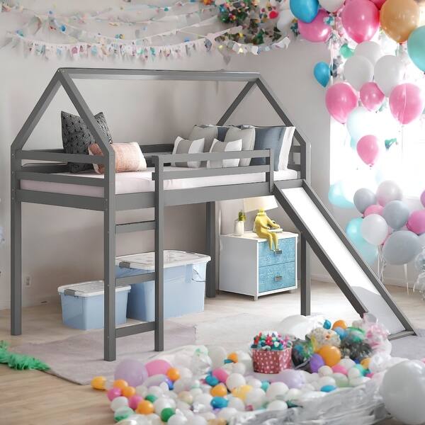 slide 2 of 15, Twin Size Loft Bed with Slide, House Bed with Slide,Multi-Functional House Children's Wooden Loft Bed Gray