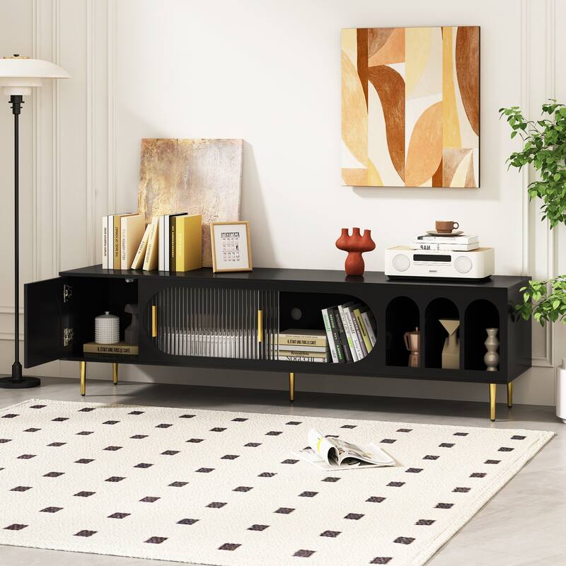 Modern TV Stand with Arched Shelves, Sliding Acrylic Door, Golden Metal Handles, and Ample Storage, Fits TVs up to 70 Inches.