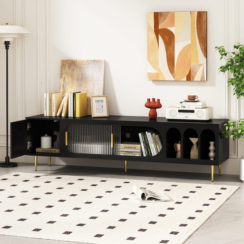 Romantic Modern TV Stand with 2 Storage Cabinets and Acrylic Sliding Door for Living Room and Bedroom