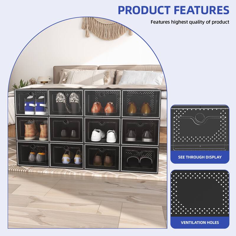XL Shoe Storage Box Set of 12 Shoe Storage Organizers Stackable Shoe Storage Box Rack Containers Drawers