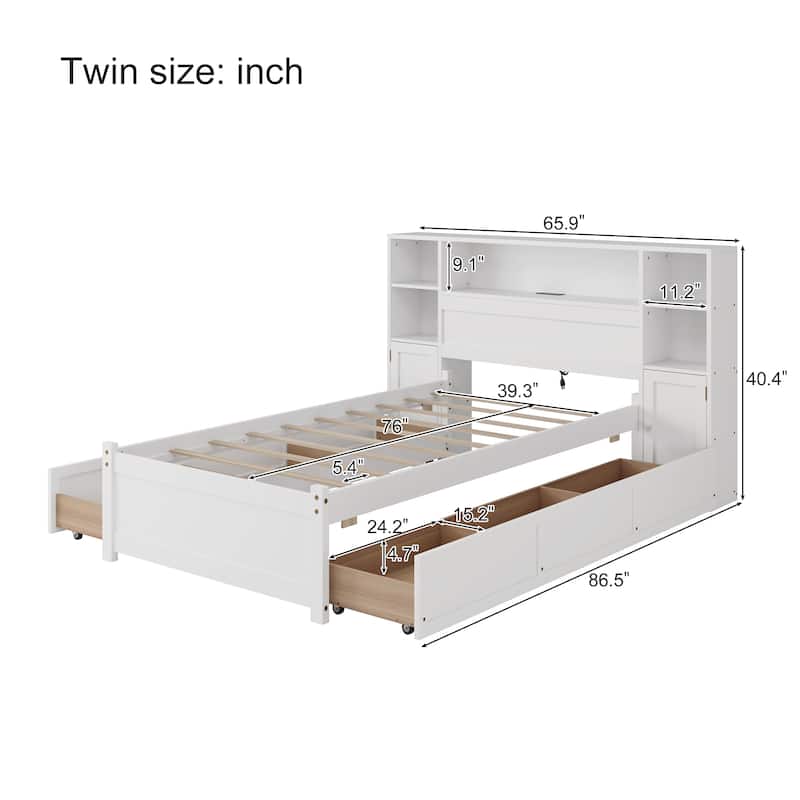 White Wooden Bed with 6 Drawers Storage Bed, Platform Captains Bed with Wingback Bookcase Headboard Built-in Charging Station