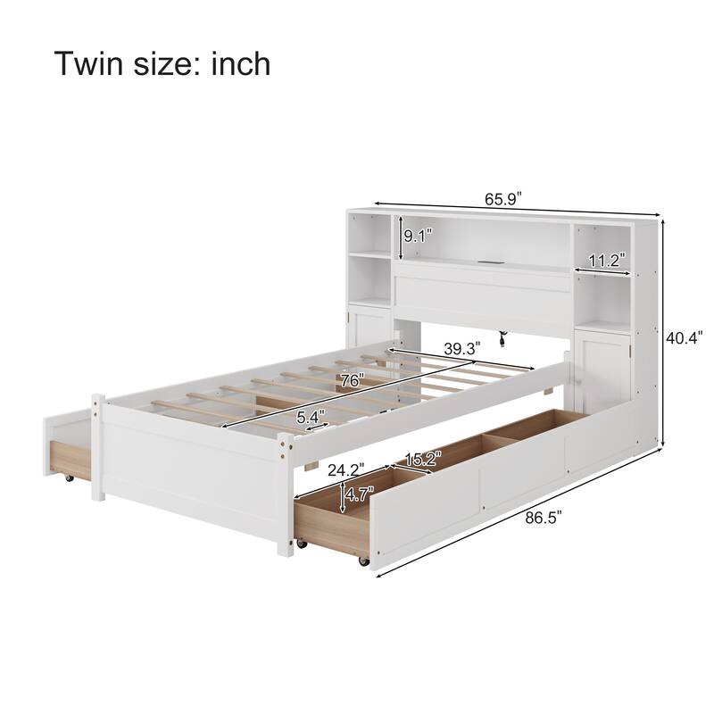 White Wooden Storage Bed with Bookcase Headboard, 6 Drawers, Charging Station, No Box Spring Needed, Twin