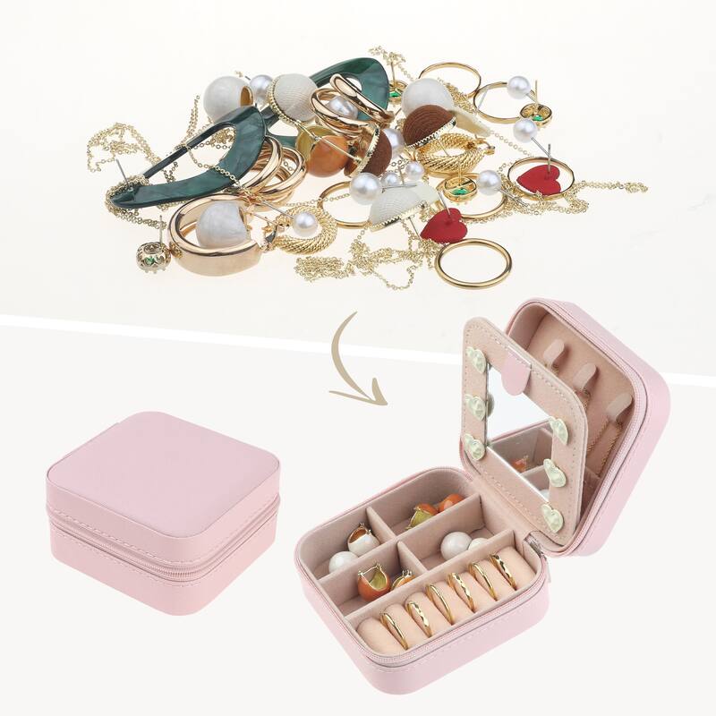 Travel Size Jewelry Box, Small Portable Jewelry Case with Mirror, 2 Layer PU Leather Mini Jewelry Organizer - 10x10x5cm - Light Pink