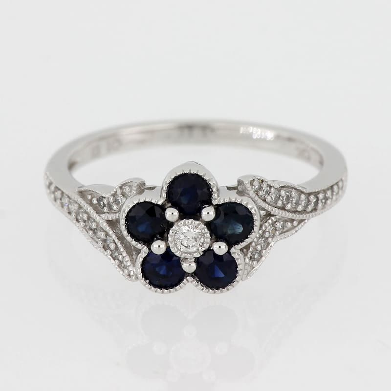 Flower Blue Sapphire and 1/6ct TDW Diamond Split Shank Ring in 10k White Gold by Miadora
