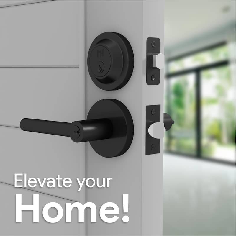 Mega Handles RONN Modern Door Handle with Deadbolt – Front Door Keyed Flat Entry Lever & Round Single Cylinder Lock Set