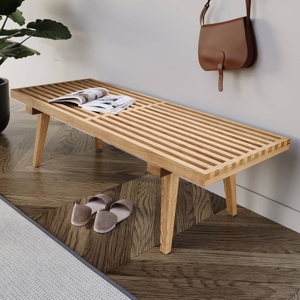 48 Rectangular Platform Bench in Natural Wood Modern Slatted Design Legs Entryway Bench