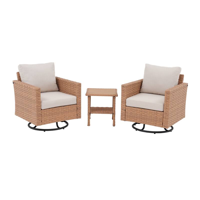 3-piece Cushioned Outdoor Wicker Swivel Chairs Set with Side Table Patio Armchair Sofa Set
