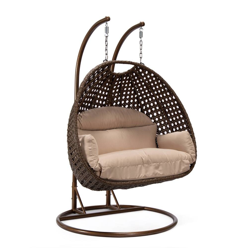 LeisureMod Mendoza Dark Brown 2 Seater Wicker Patio Hanging Double Swing Chair for Patio Porch Backyard Garden - 53"