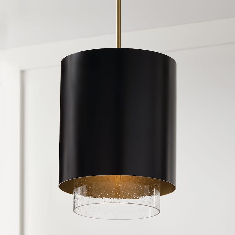 11.50"W x 19.50"H 1-Light Cylindrical Metal Pendant with Seeded Glass - 11.5"W x 19.5"H