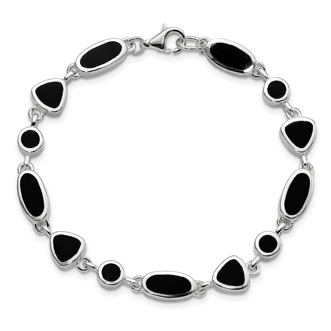 Curata 925 Sterling Silver 8" 8.5mm Shapes of Inlaid Onyx Bracelet