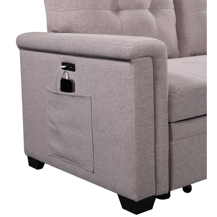 84" Light Gray Reversible Sleeper Sofa with Storage, USB Ports