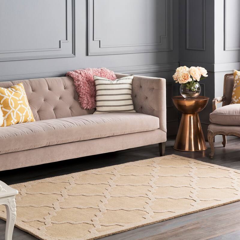 Hand-Tufted Amy Tone-on-Tone Lattice Wool Area Rug - 4' x 6' - Tan