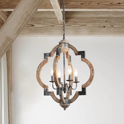 Modern Farmhouse 4-light Lantern Distressed Wood Chandelier for Dining Room