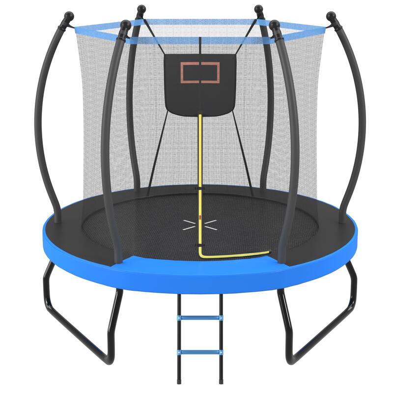 8FT Trampoline with Basketball Hoop, Enclosure net and Ladder, Outdoor Trampoline for Kids, Recreational Backyard Trampoline