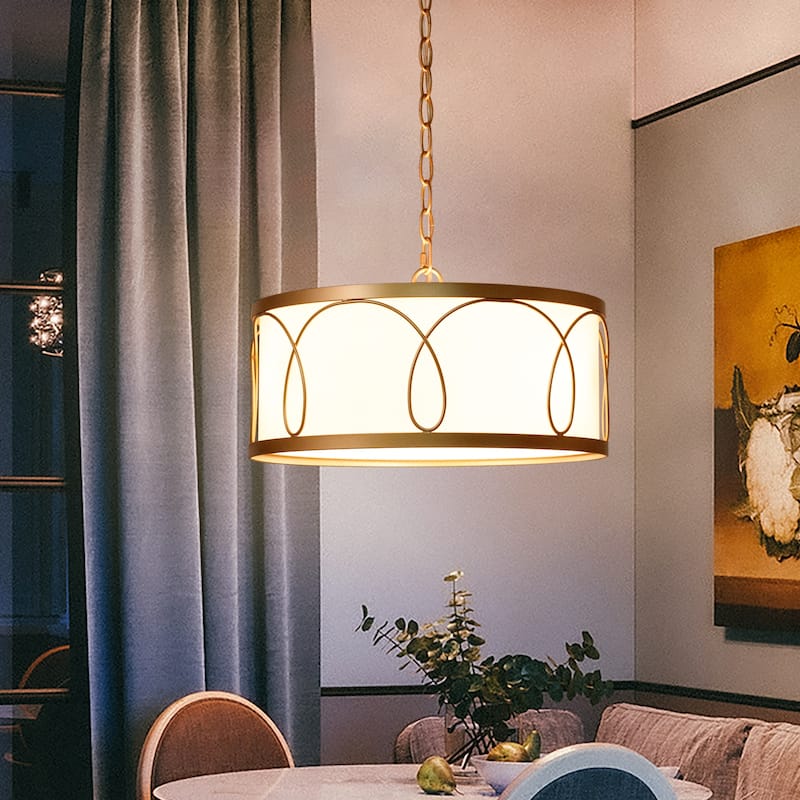 Mid-century Modern Drum Gold Chandelier Kitchen Island Pendant with Fabric Shade - D 16'' x H 67''