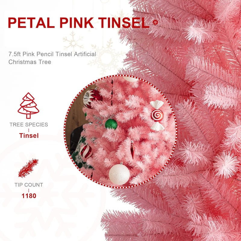 Glitzhome 7.5ft/9ft Shimmering Tinsel Pink Slim Pencil Fir Artificial Christmas Trees
