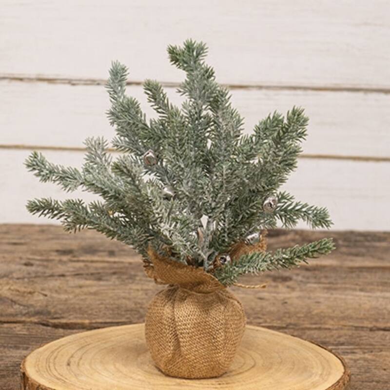Faux Pine Snowy Flocked Tabletop Christmas Tree with Jingle Bells Burlap Base Rustic Holiday Décor