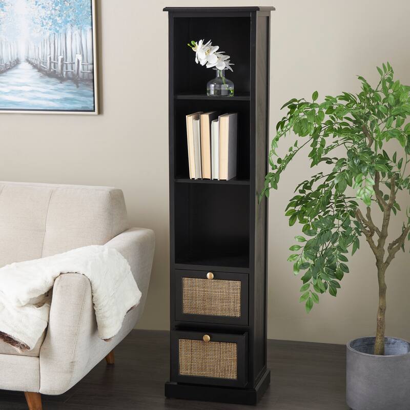 Black Wood 3 Shelves and 2 Drawers Cabinet with Rattan Front - Black