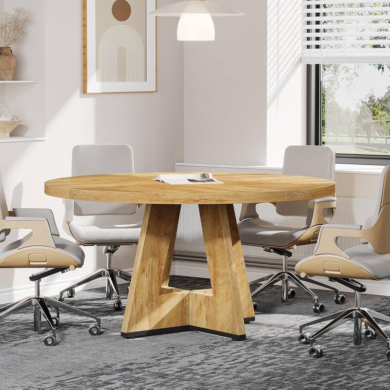 47" Round Conference Table Meeting Room Table with Thickened Top Wood Base Modern Training Desk for Conference/Seminar Room