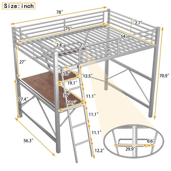 Full Size Loft Bed with Desk and Shelf, Sturdy Metal & MDF Frame