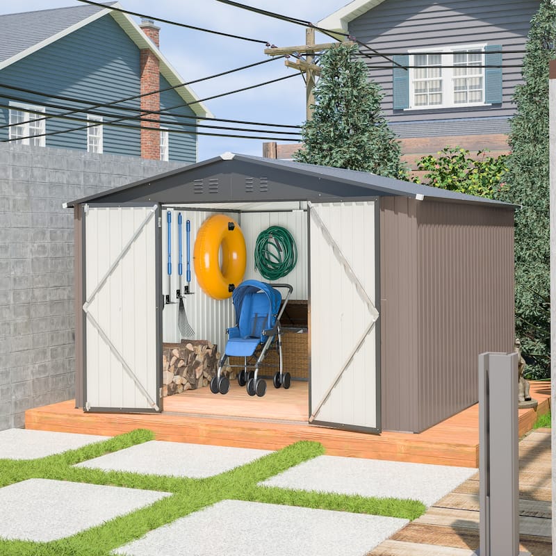 GDFStudio - Cassandra Large 10 x 10 FT Outdoor Metal Storage Shed with Lockable Doors - 10' x 10' - Brown