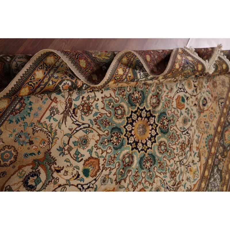 Hand Knotted Oriental 100% Wool Carpet Traditional Floral Beige & Ivories Tabriz Area Rug - 9' 2'' X 6' 3''