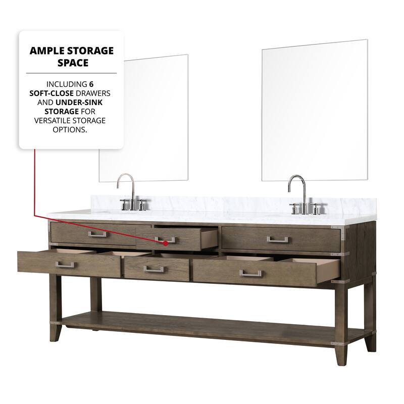 Lexora Norwalk Bath Vanity, Carrara Marble Top, Faucet Set, and Mirror