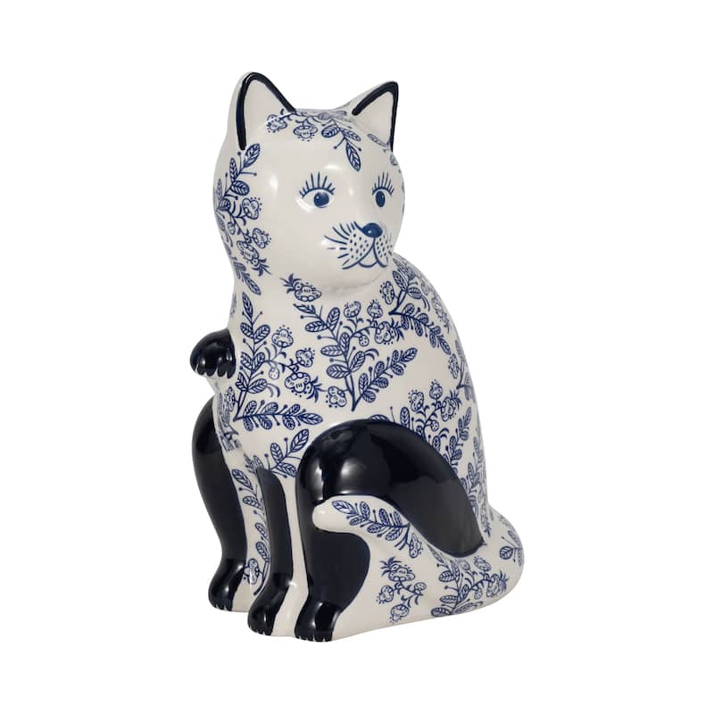 Ceramic Cat Sculpture Contemporary Vintage Style Chinoiserie Blue and White Floral Cat Statue Cat Lover