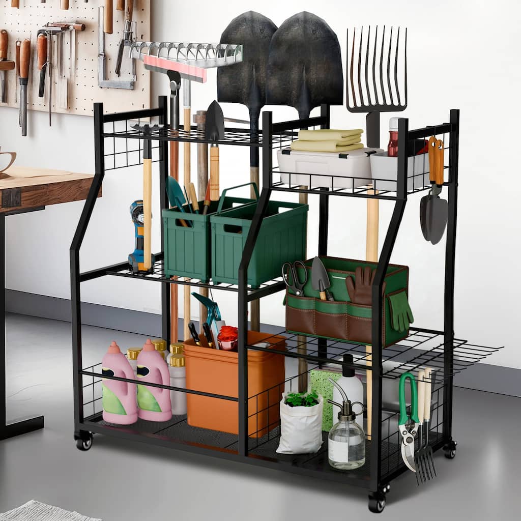 Freestanding Metal Tools Storage Cart Power Tool Organizer Shelf for Garage Workshop Yard with Wheels