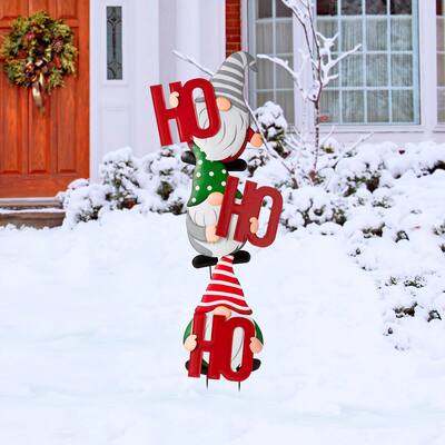 Glitzhome 51"H Christmas Metal "HOHOHO" Gnome Yard Stake or Wall Decor - Multi-color