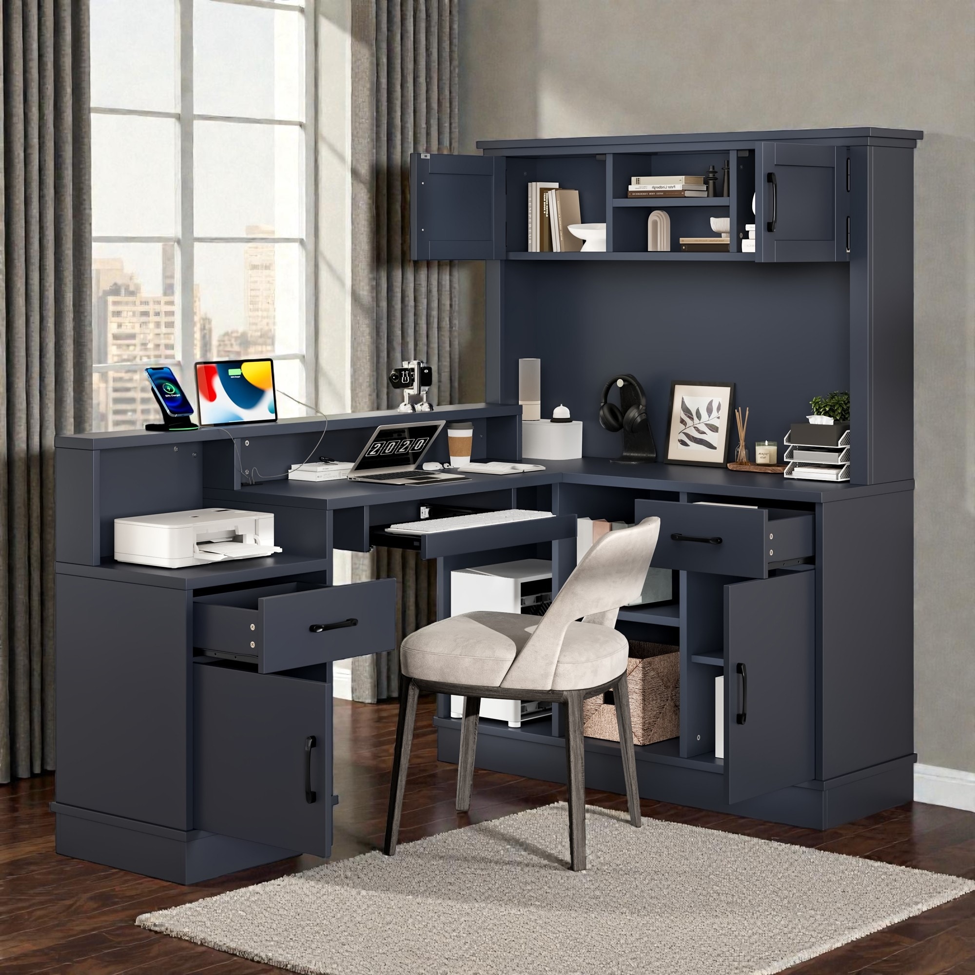 L Shaped Computer Desk with Power Outlet, Corner Desk with Drawers Bookshelf and Storage for Home Office Study