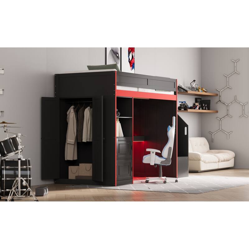 Roomfitters Twin/Full Gaming Loft Bed with Desk, Storage Locker and LED Lights, Black