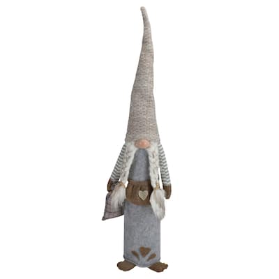 27" Gray and Beige Girl Christmas Gnome with Plaid Toy Sack Figure