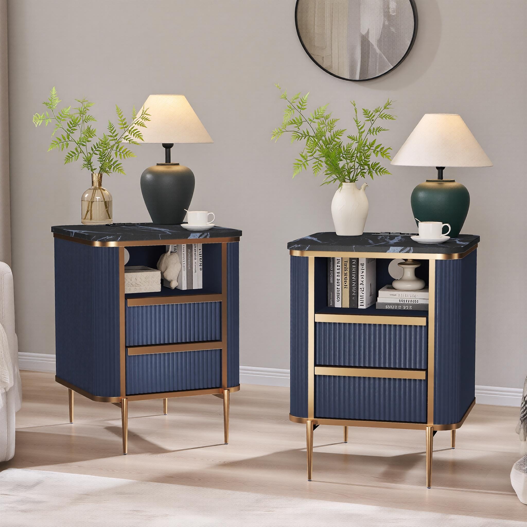Modern Fluted Nightstand Set of 2 with Charging Station, End table