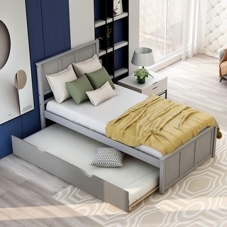 Twin Size Platform Bed with Trundle, Space-Saving Design, Solid Wood Frame