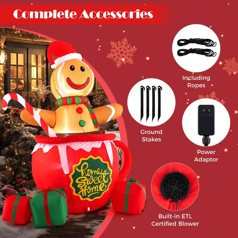 Gymax 7 Ft Christmas Inflatable Blow up Pre-Lit Gingerbread Man in Mug - See Details