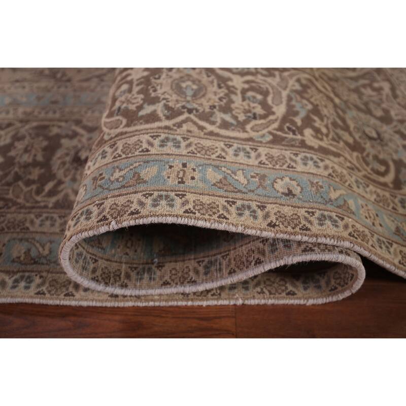 Traditional Mashad Persian Vintage Area Rug Handmade Beige Wool Carpet - 9'5"x 12'8"