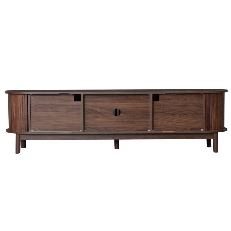 Farmhouse Curved TV Stand Entertainment Center for 75" TVs, Sliding Doors Television Cabinet Dark Brown TV Console Table