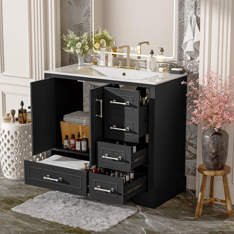 36" Bathroom Vanity with Ceramic Sink - Soft Close Doors and Four Storage Drawers - Black