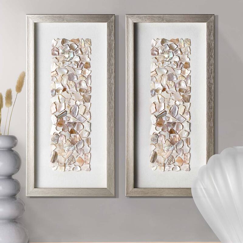 American Art Decor Neutral Seashell Mosaic 3D Textured Wall Art Panel with Champagne Frame, 2 Piece Set - Coastal Beach Decor