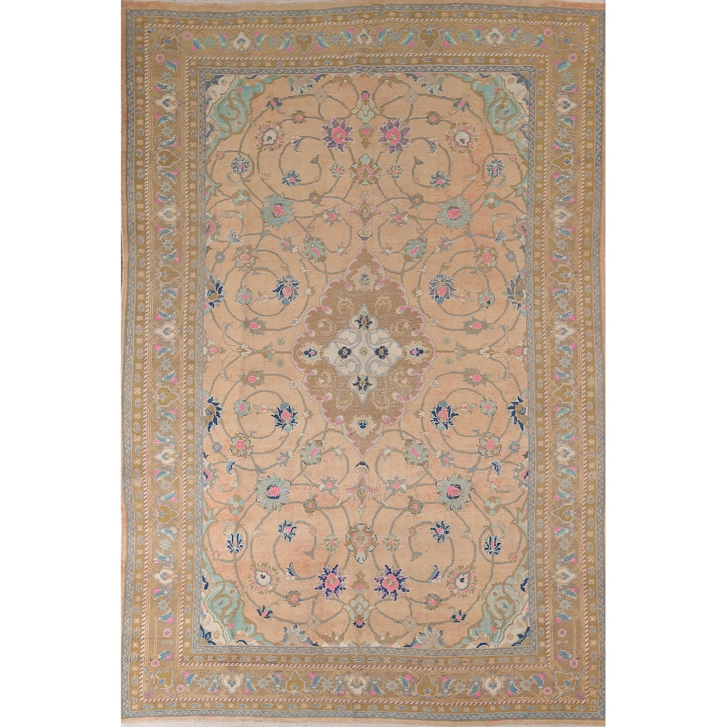 Mashad Vintage Persian Area Rug Hand-Knotted Floral Wool Carpet - 7'7" x 11'5"