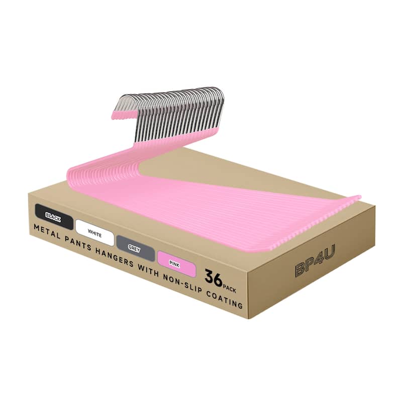 BP4U Open-Ended Metal Pants Hangers, Steel Towel & Scarf Hangers for Jeans, Trousers, Dresses & Bath Towels - 36-Pack - Pink