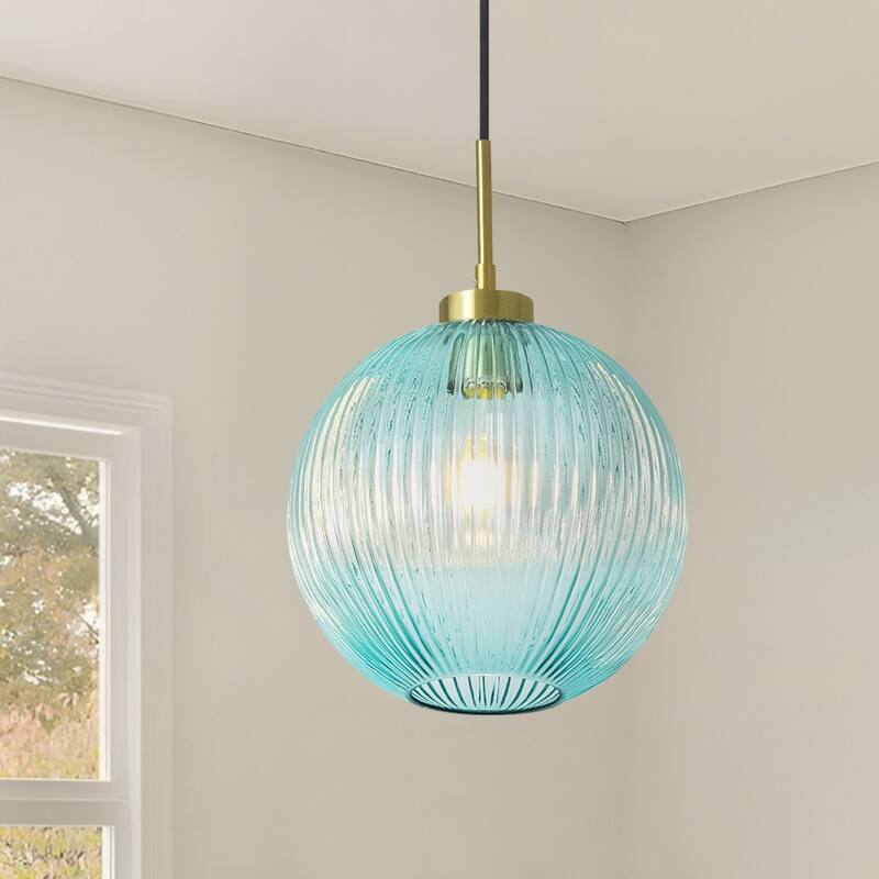 1-Light 9.8" W Mid-century Modern Metal Hanging Pendant Light with Blue Ribbed Glass Globe Shade for Kitchen Island, Dining Room