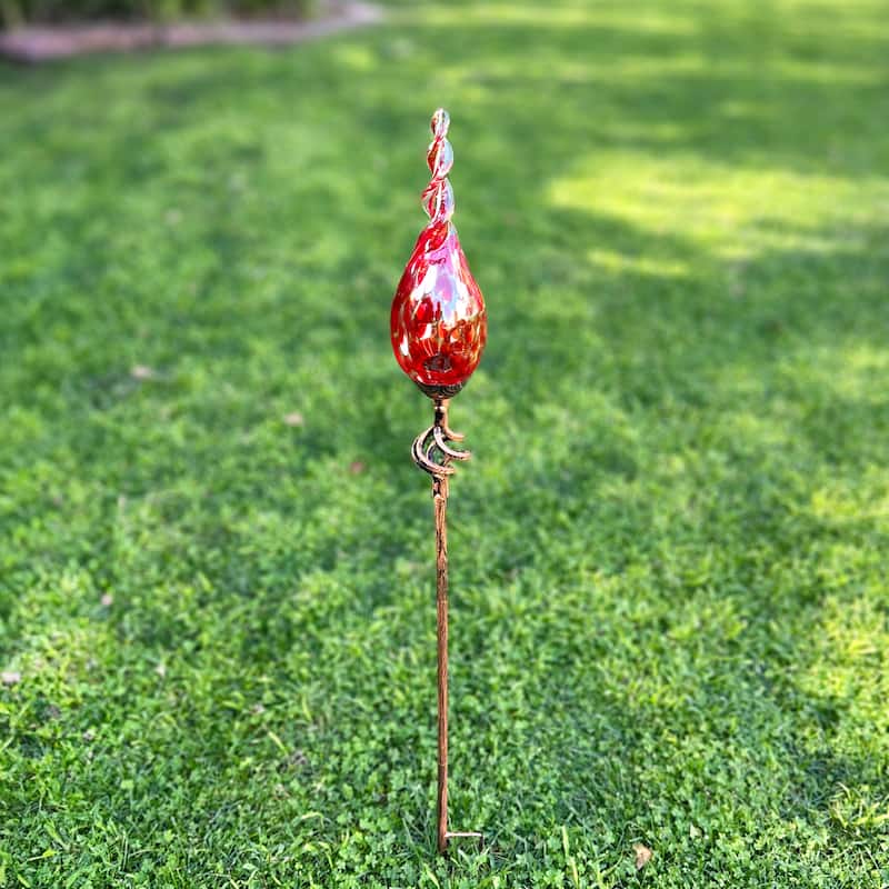 Exhart Solar Pearlized Hand Blown Glass Twisted Flame Garden Stake with Metal Finial Detail, 36 Inch