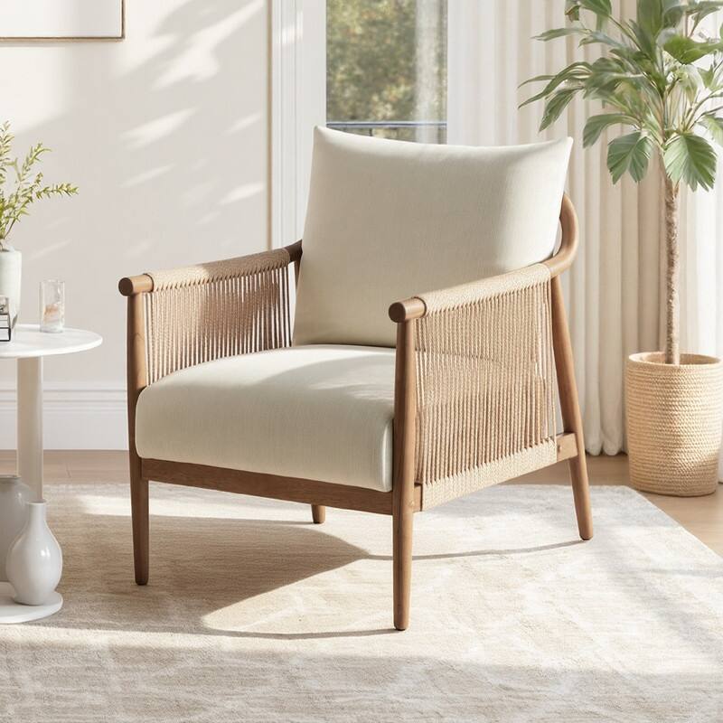 Spruce & Spring Boho Braided Accent Chair with Angled Arms and Plush Cushions