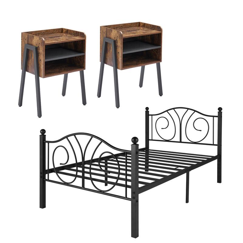 Taomika 3-Pieces Modern Black Metal Bed Frame and Brown Nightstand Sets - Twin
