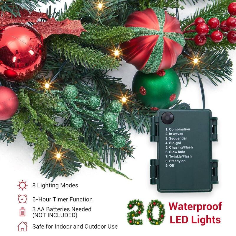 6 Feet Christmas Garland with Lights for Mantle with Red Green Balls - N/A